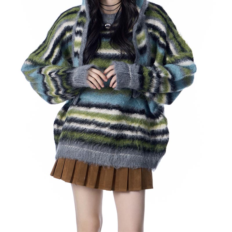 Pull femme mohair rayé avec écharpe et bonnet style décontracté - Tailles M-XL24 - IVOIRART.COM