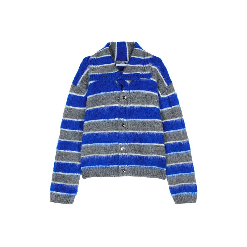 Pull homme ample col châle à rayures contrastées en maille mohair côtelé chauds - IVOIRART.COM