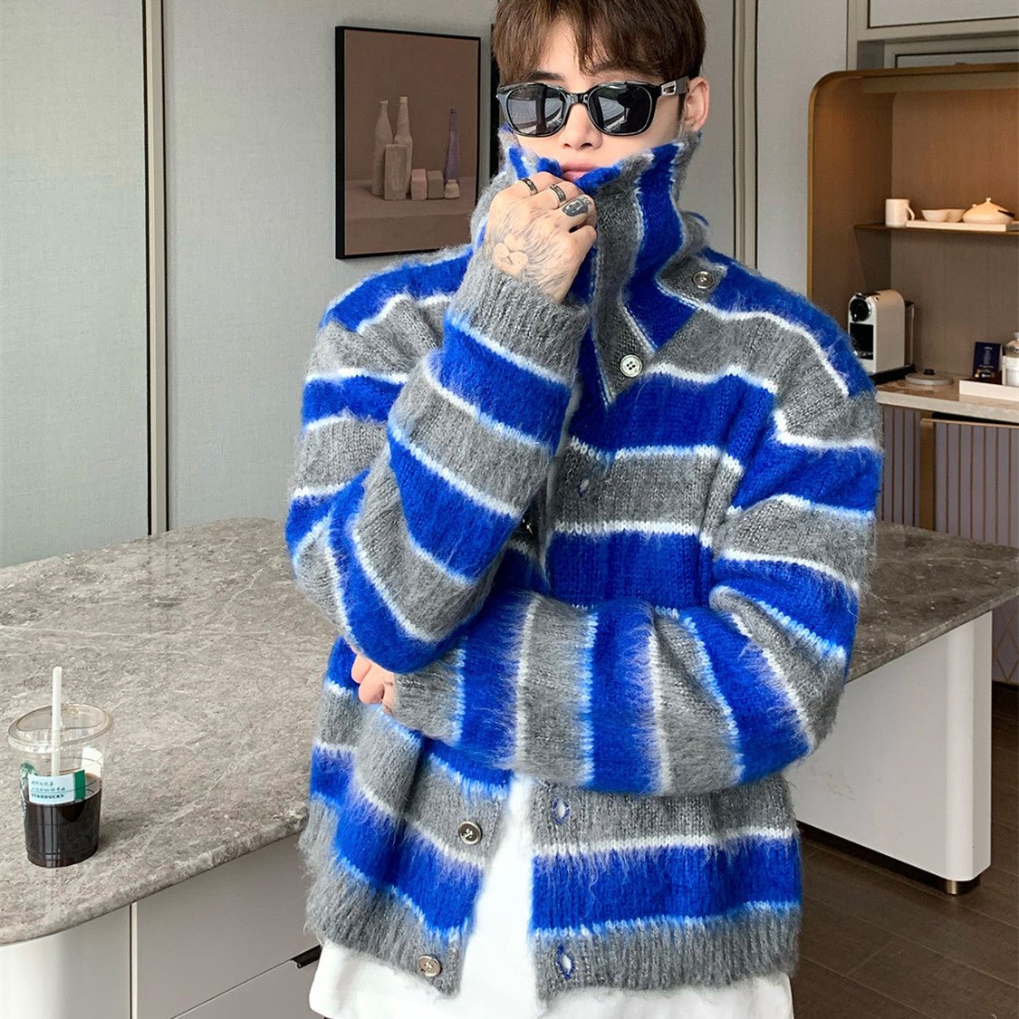 Pull homme ample col châle à rayures contrastées en maille mohair côtelé chauds - IVOIRART.COM