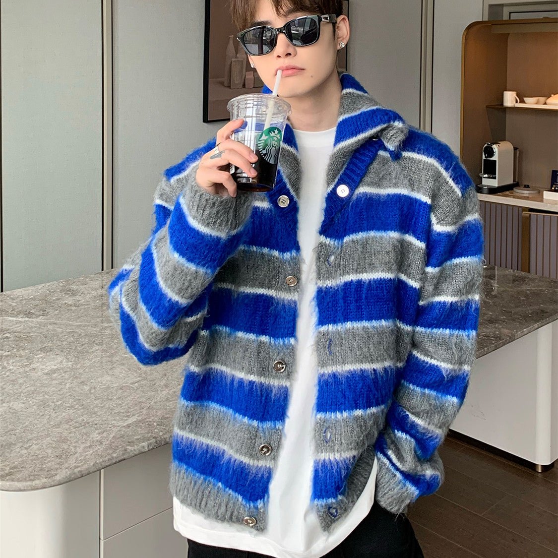 Pull homme ample col châle à rayures contrastées en maille mohair côtelé chauds - IVOIRART.COM