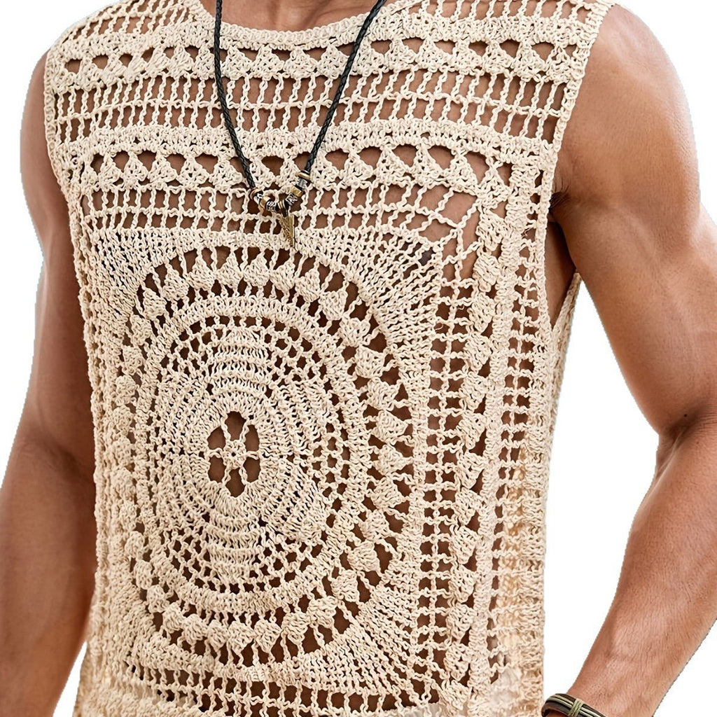 Pull homme décontracté stylé uni col rond ajouré, coupe slim, polyester S-M-L-XL - IVOIRART.COM