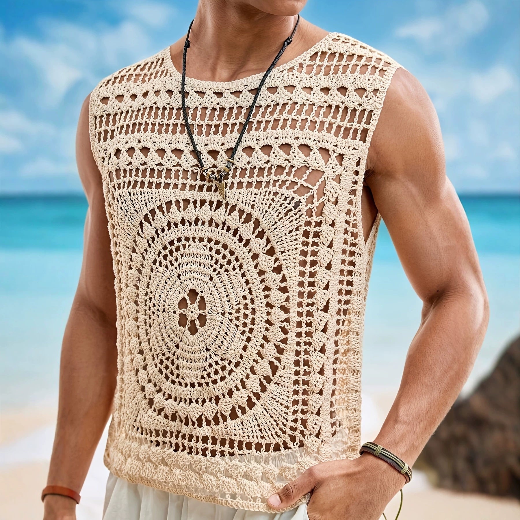 Pull homme décontracté stylé uni col rond ajouré, coupe slim, polyester S-M-L-XL - IVOIRART.COM