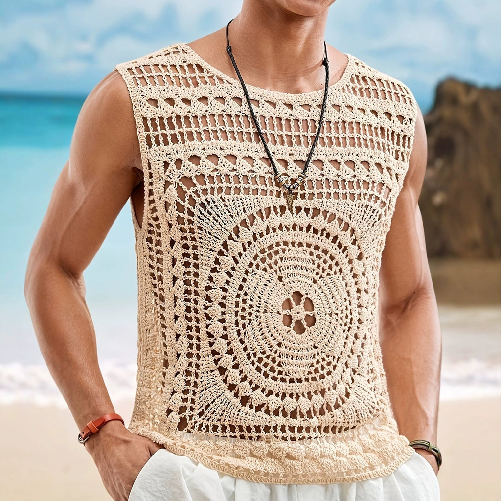 Pull homme décontracté stylé uni col rond ajouré, coupe slim, polyester S-M-L-XL - IVOIRART.COM