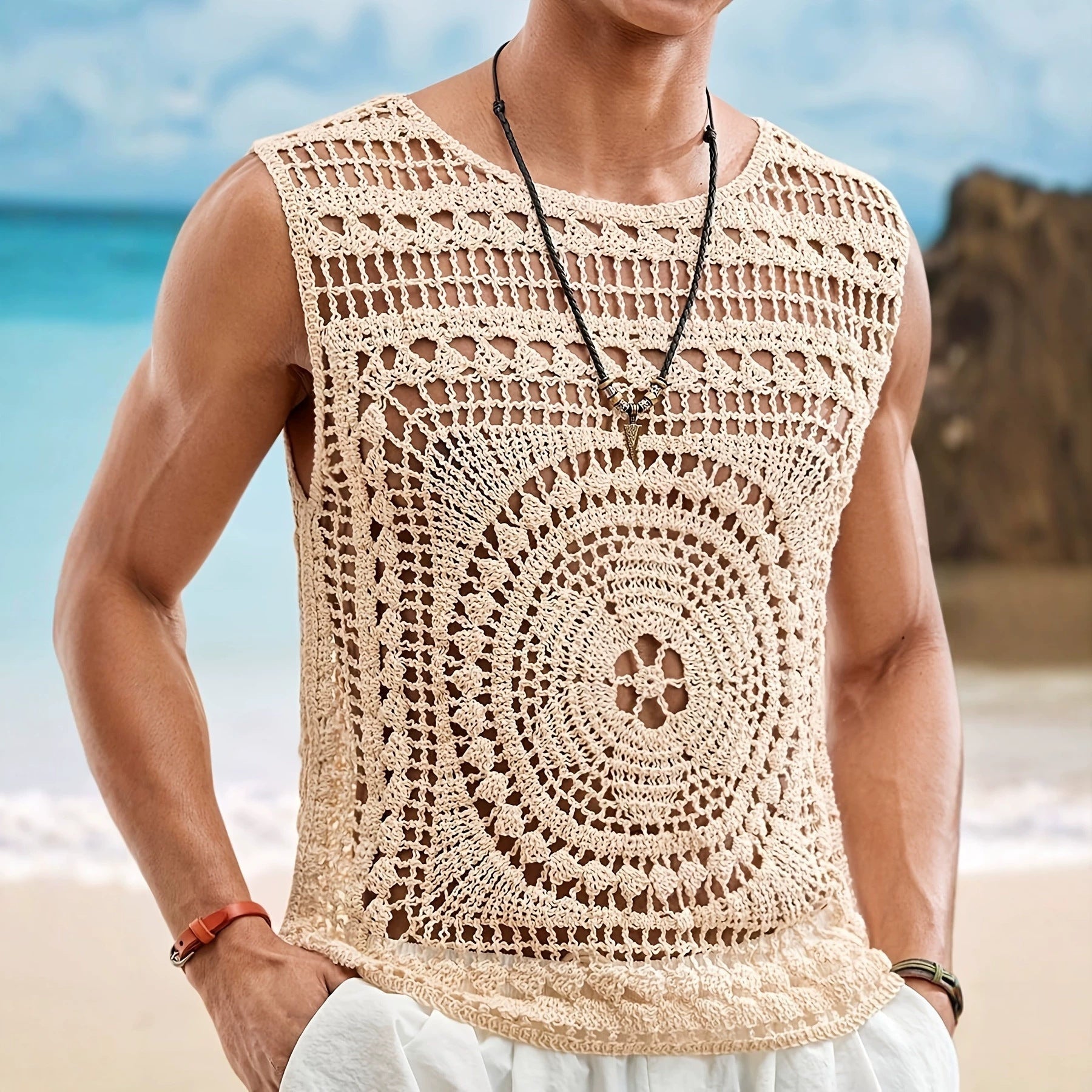 Pull homme décontracté stylé uni col rond ajouré, coupe slim, polyester S-M-L-XL - IVOIRART.COM