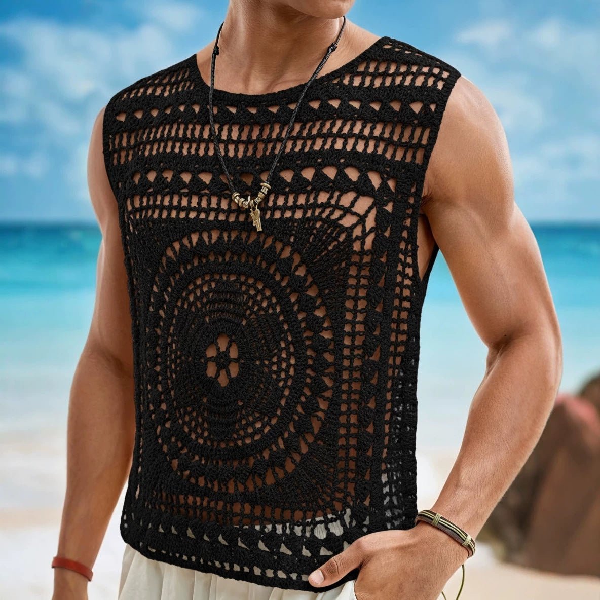 Pull homme décontracté stylé uni col rond ajouré, coupe slim, polyester S-M-L-XL - IVOIRART.COM