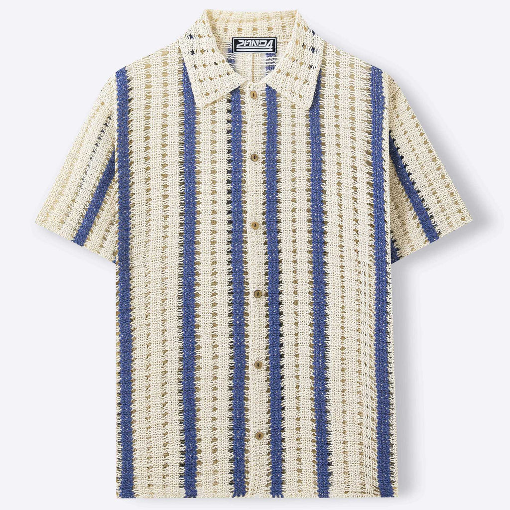 Pull homme en coton pur à maille ajourée crochetée, design rayé abricot - IVOIRART.COM