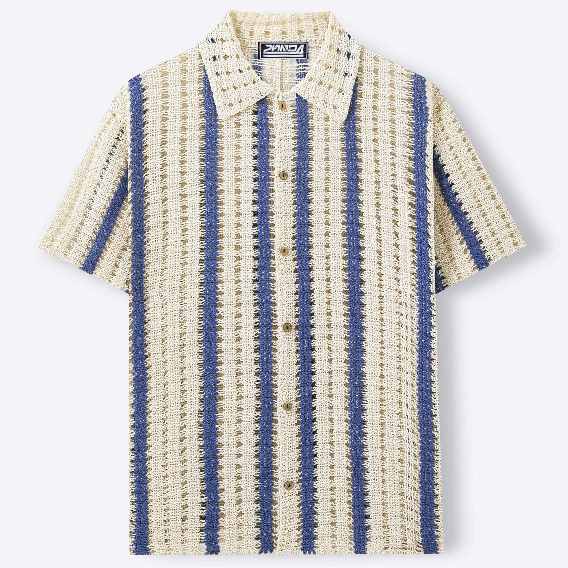 Pull homme en coton pur à maille ajourée crochetée, design rayé abricot - IVOIRART.COM