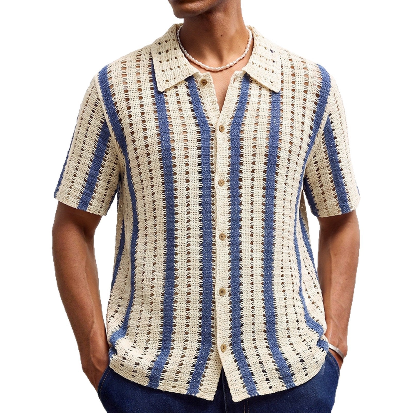 Pull homme en coton pur à maille ajourée crochetée, design rayé abricot - IVOIRART.COM