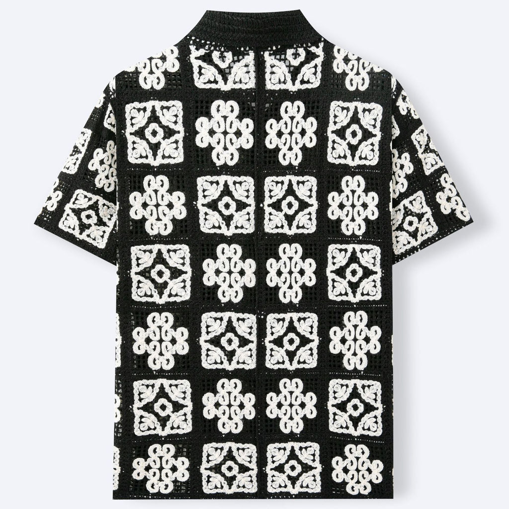Pull Homme Noir et Blanc à Carreaux avec Bloc de Couleurs et Tricot ajouré au Crochet - IVOIRART.COM