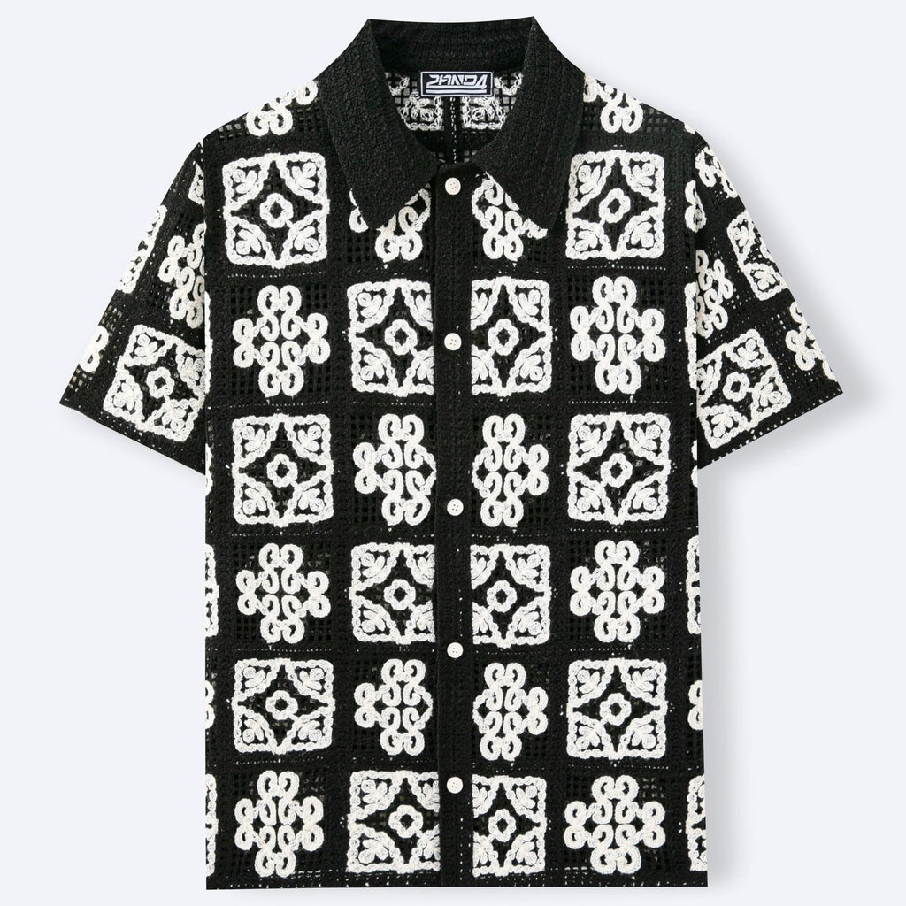 Pull Homme Noir et Blanc à Carreaux avec Bloc de Couleurs et Tricot ajouré au Crochet - IVOIRART.COM