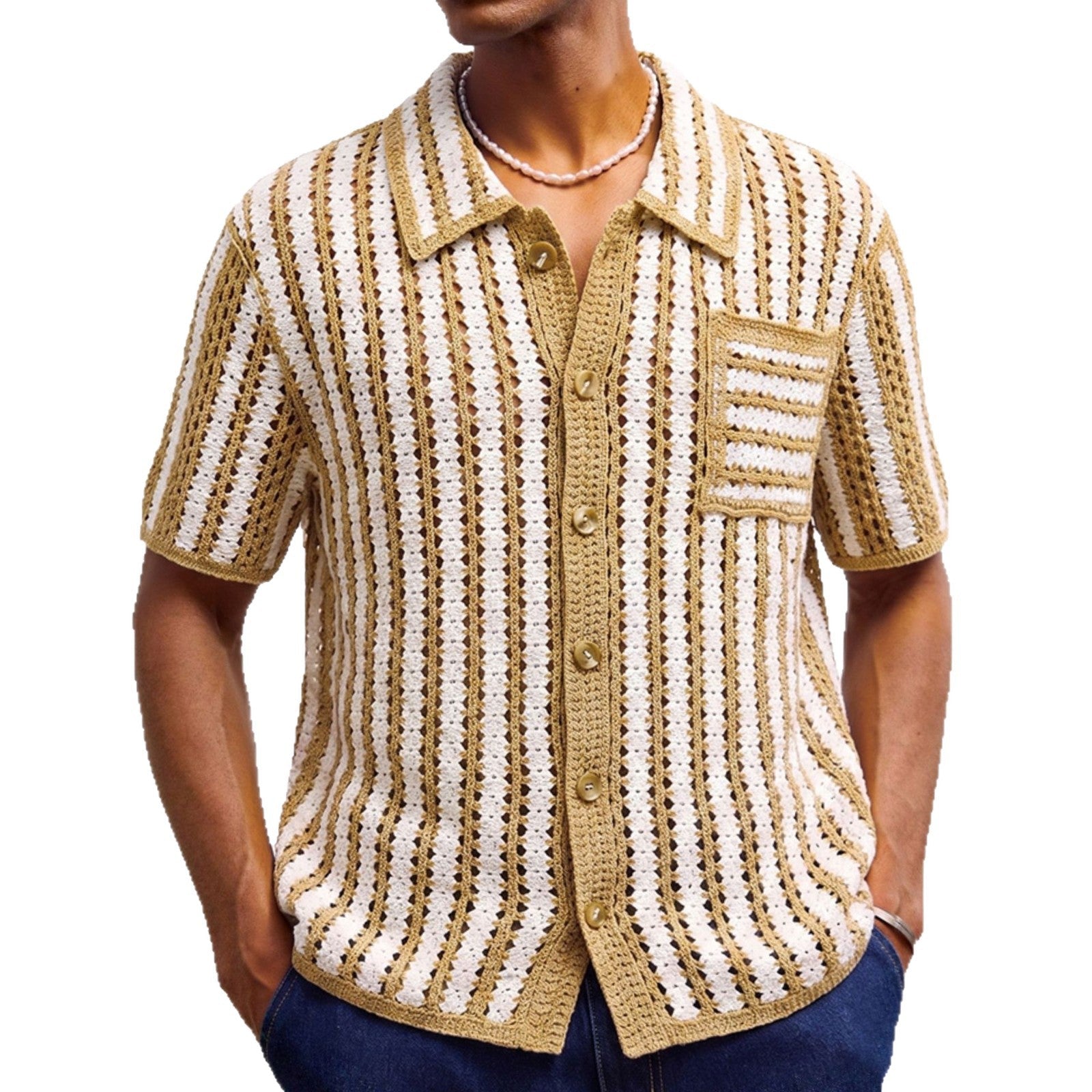 Pull Homme Rétro À Rayures Avec Mailles Ajourées Confortables Khaki - IVOIRART.COM