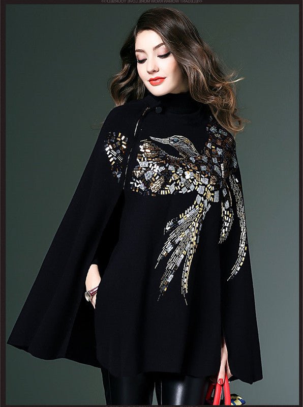 Pull imitation femme style européen avec veste station, coupe chauve - souris noire - IVOIRART.COM