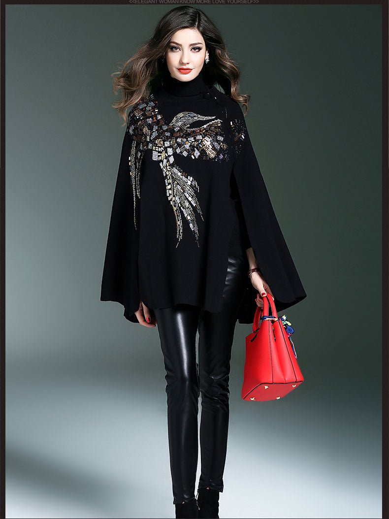 Pull imitation femme style européen avec veste station, coupe chauve - souris noire - IVOIRART.COM
