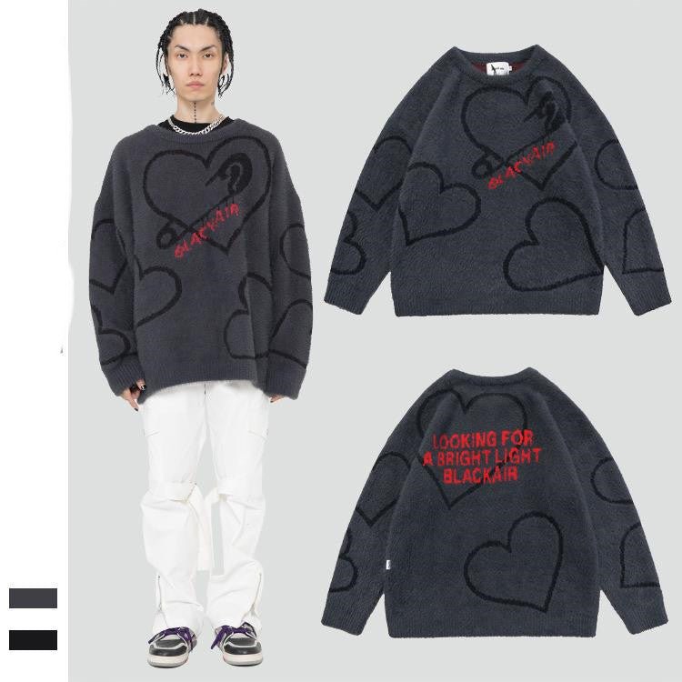 Pull Mohair Oversize Unisexe 'Love' Motif Coeur pour Couple - Tricot Décontracté - IVOIRART.COM