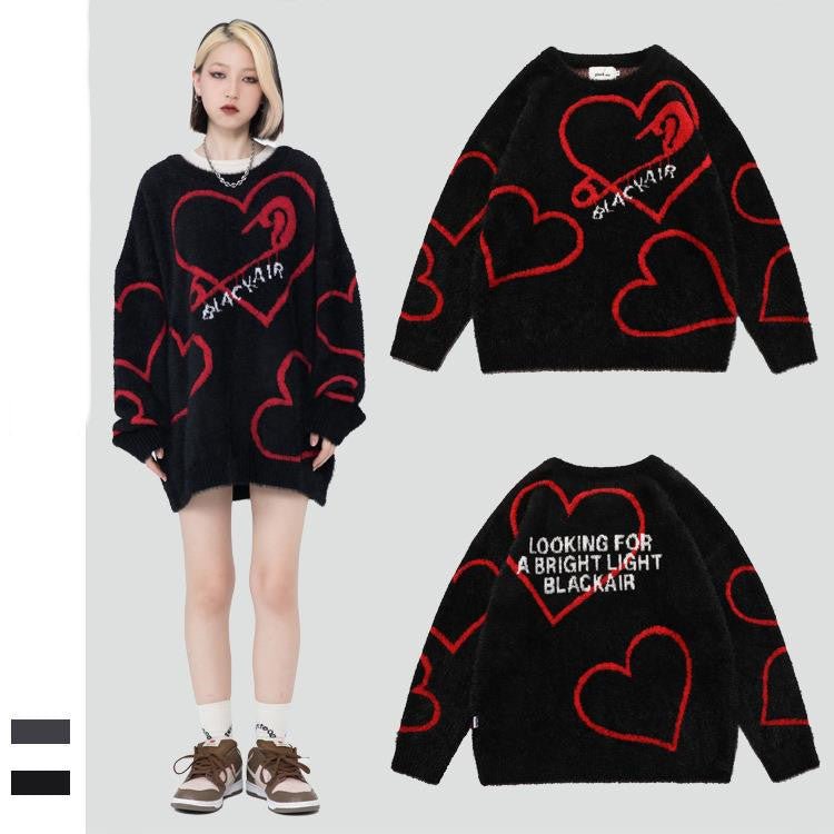 Pull Mohair Oversize Unisexe 'Love' Motif Coeur pour Couple - Tricot Décontracté - IVOIRART.COM