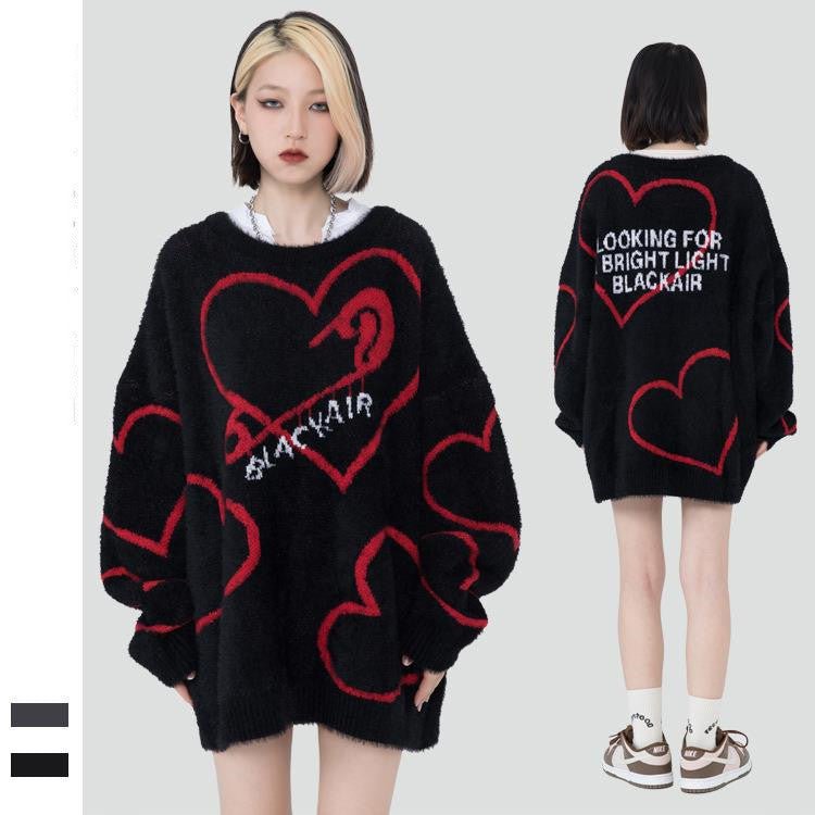 Pull Mohair Oversize Unisexe 'Love' Motif Coeur pour Couple - Tricot Décontracté - IVOIRART.COM