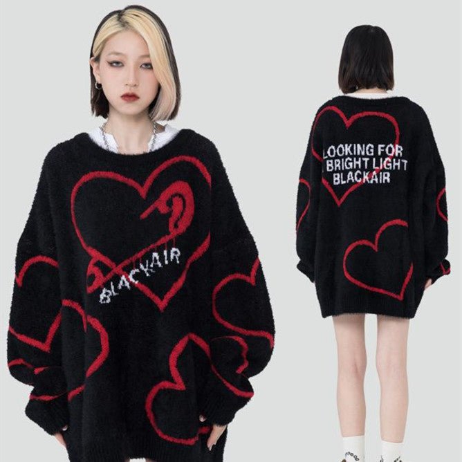Pull Mohair Oversize Unisexe 'Love' Motif Coeur pour Couple - Tricot Décontracté - IVOIRART.COM