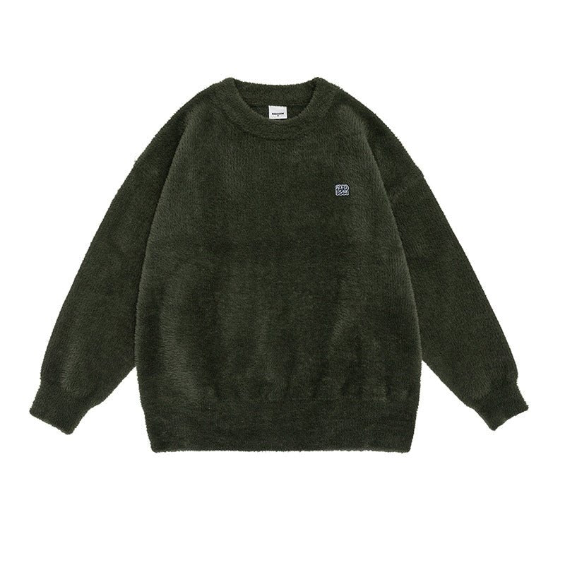 Pull-over rétro mohair uni col rond pour homme, pullover pelucheux, coupe loose! - IVOIRART.COM