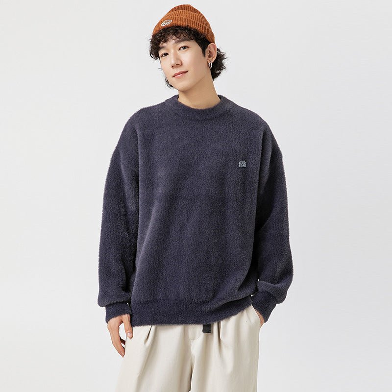 Pull-over rétro mohair uni col rond pour homme, pullover pelucheux, coupe loose! - IVOIRART.COM