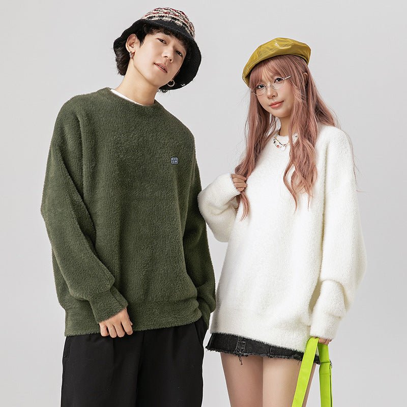 Pull-over rétro mohair uni col rond pour homme, pullover pelucheux, coupe loose! - IVOIRART.COM