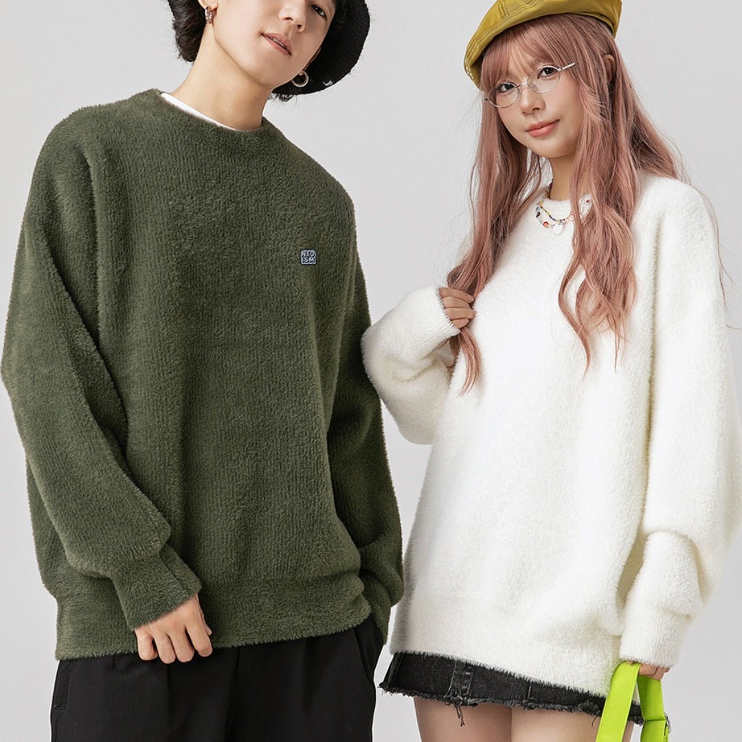 Pull-over rétro mohair uni col rond pour homme, pullover pelucheux, coupe loose! - IVOIRART.COM