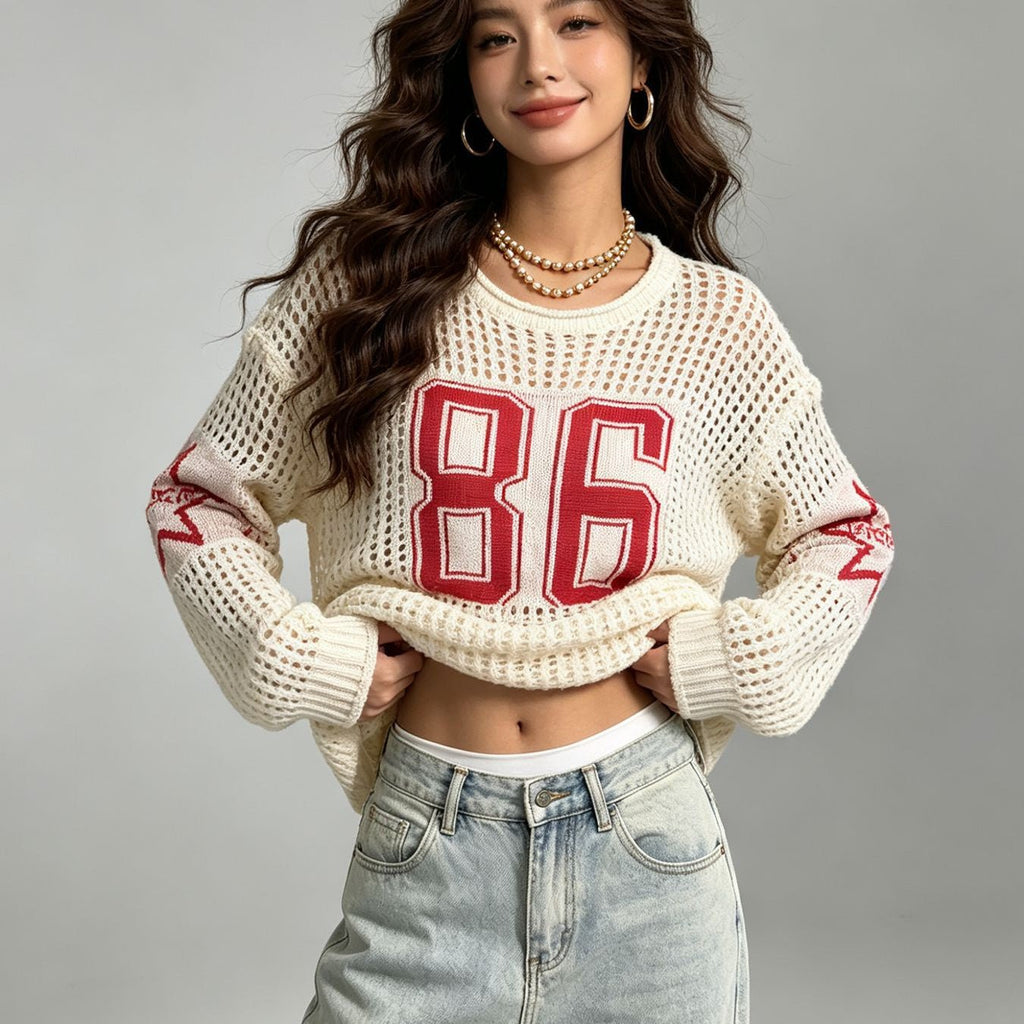 Pull vintage à manches longues, coupe décontractée, épaules tombantes, étoile à cinq branches - IVOIRART.COM