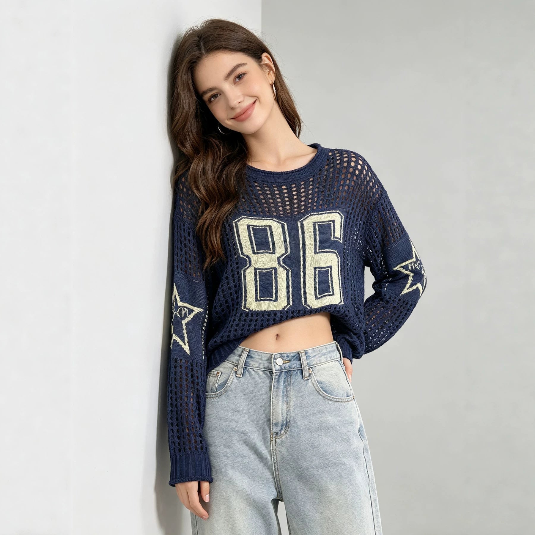 Pull vintage à manches longues, coupe décontractée, épaules tombantes, étoile à cinq branches - IVOIRART.COM