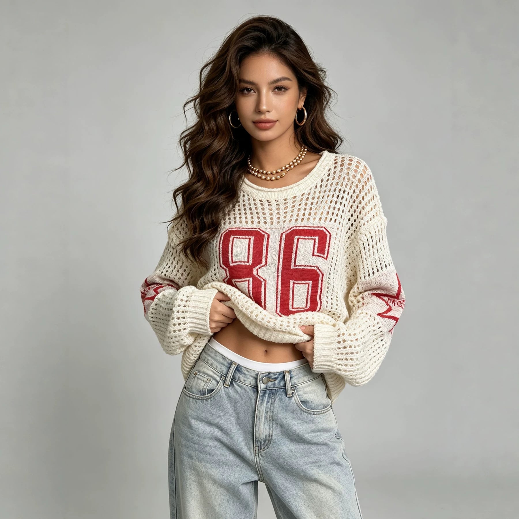 Pull vintage à manches longues, coupe décontractée, épaules tombantes, étoile à cinq branches - IVOIRART.COM