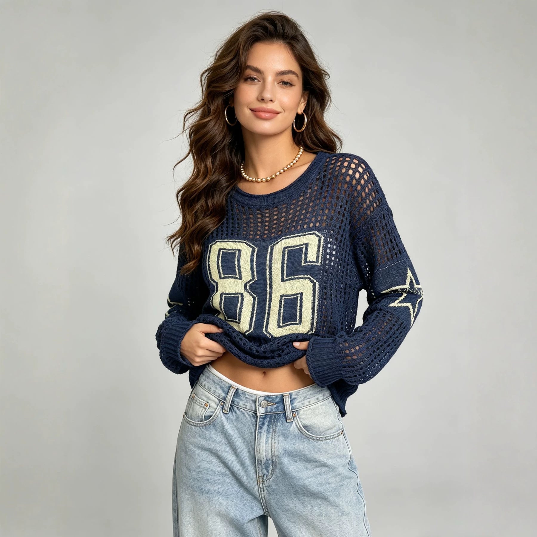 Pull vintage à manches longues, coupe décontractée, épaules tombantes, étoile à cinq branches - IVOIRART.COM