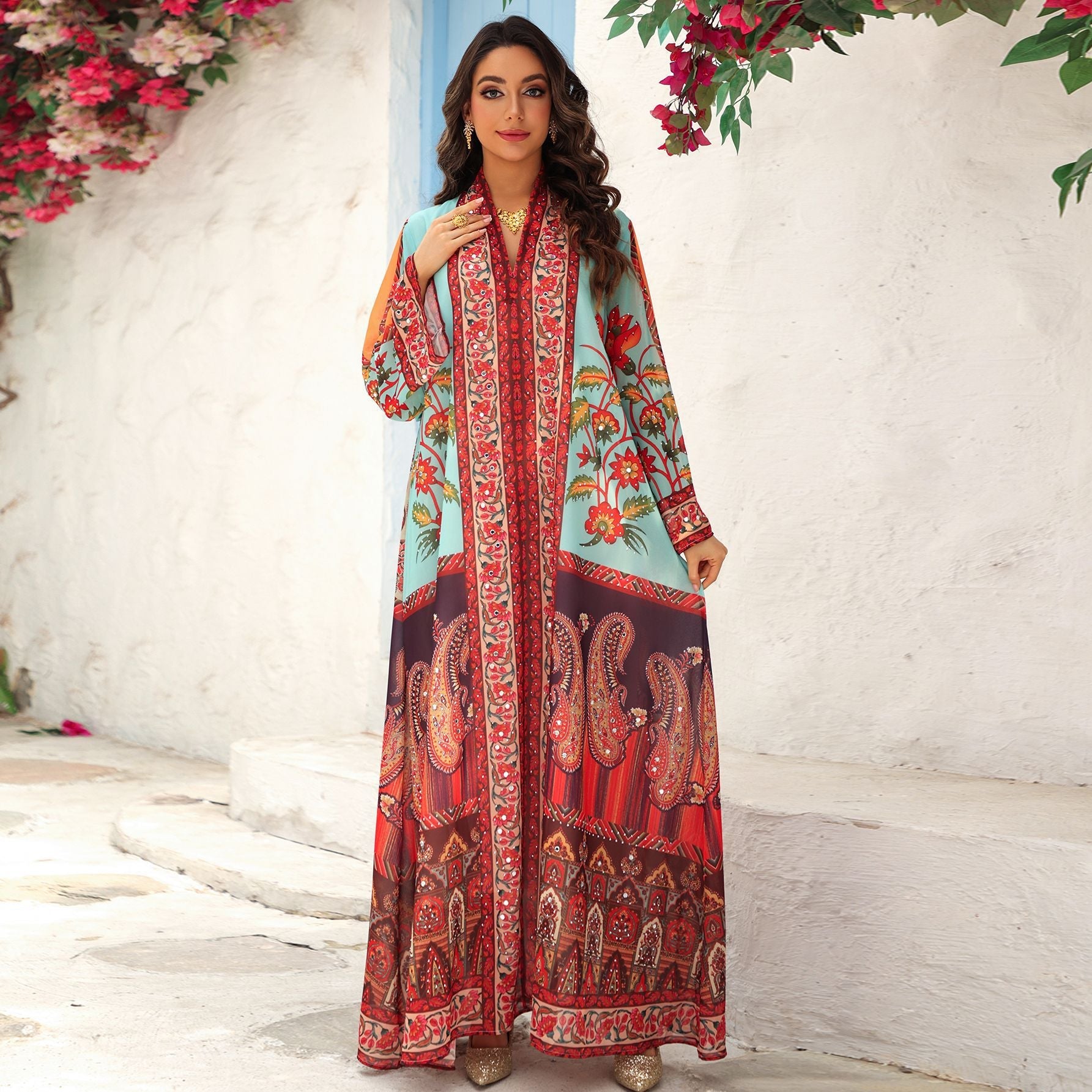 Pullover Printed Plus-size Rhinestone-embellished Multicolor Chiffon Dress - IVOIRART.COM