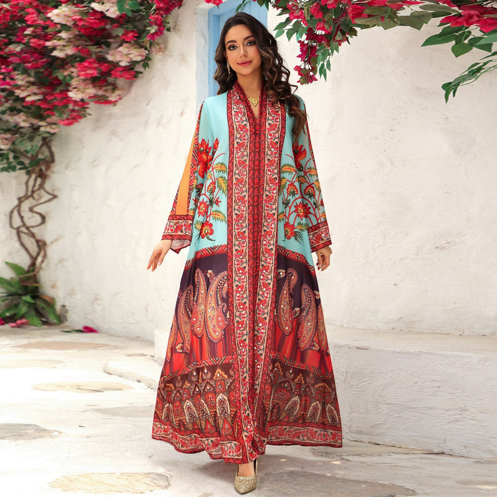 Pullover Printed Plus-size Rhinestone-embellished Multicolor Chiffon Dress - IVOIRART.COM