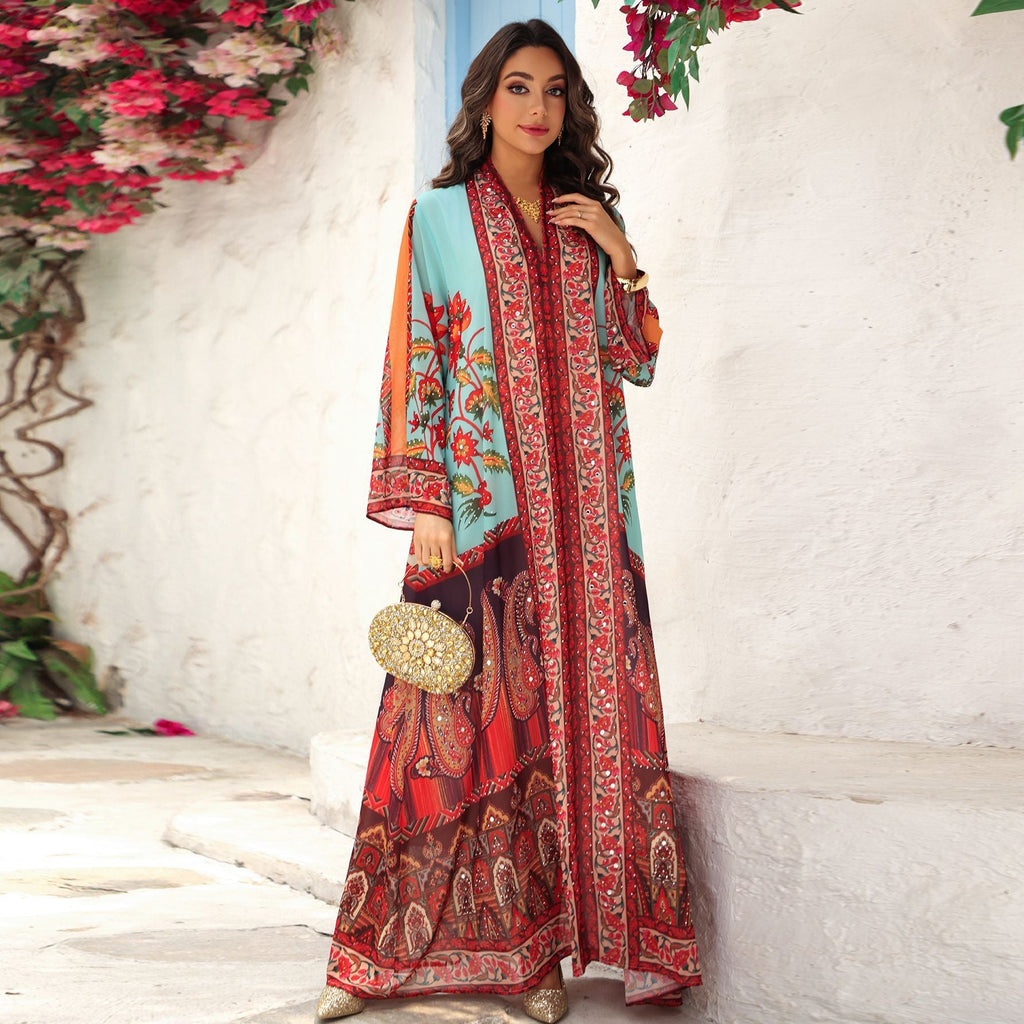 Pullover Printed Plus-size Rhinestone-embellished Multicolor Chiffon Dress - IVOIRART.COM