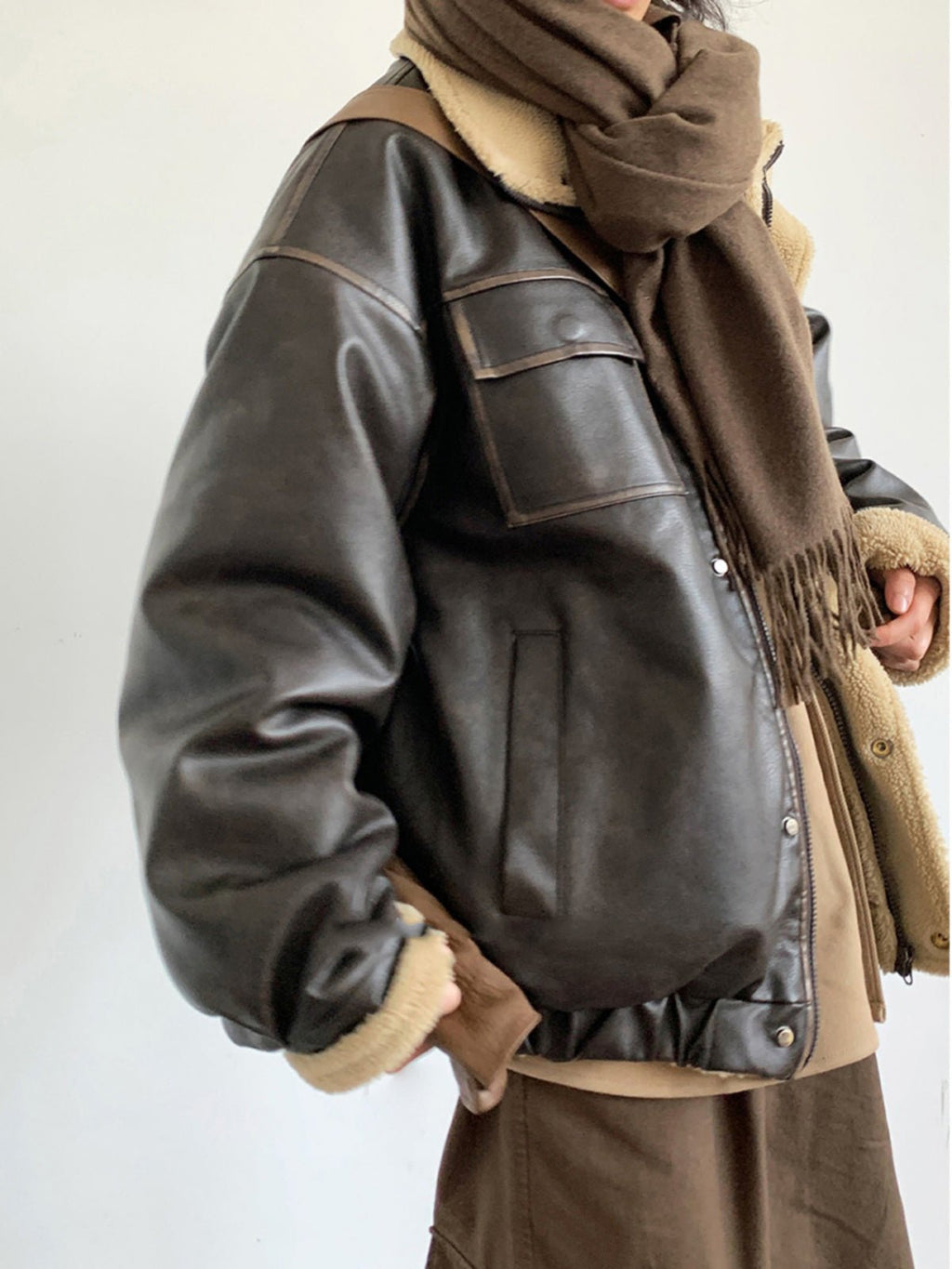 Retro Neutral Maillard Lamb Fur Coat Loose Leather Jacket Coat - IVOIRART.COM