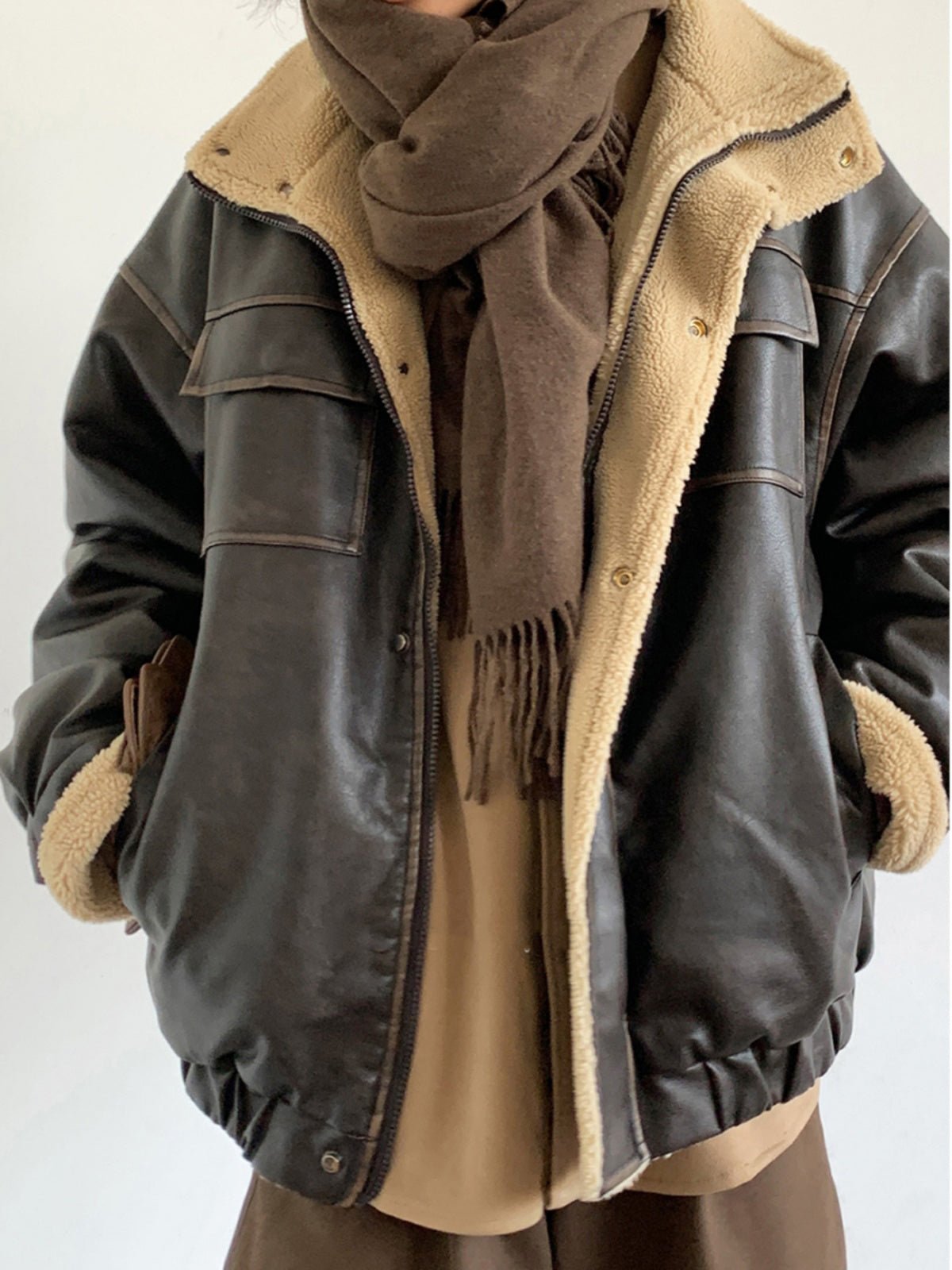 Retro Neutral Maillard Lamb Fur Coat Loose Leather Jacket Coat - IVOIRART.COM