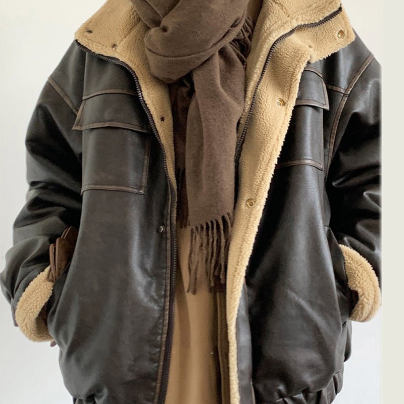 Retro Neutral Maillard Lamb Fur Coat Loose Leather Jacket Coat - IVOIRART.COM