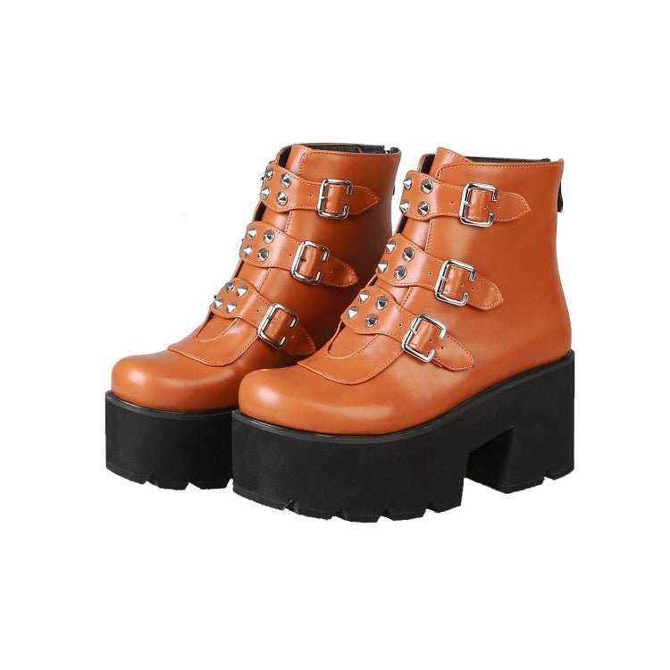 Rivet belt buckle zipper ankle boots - IVOIRART.COM