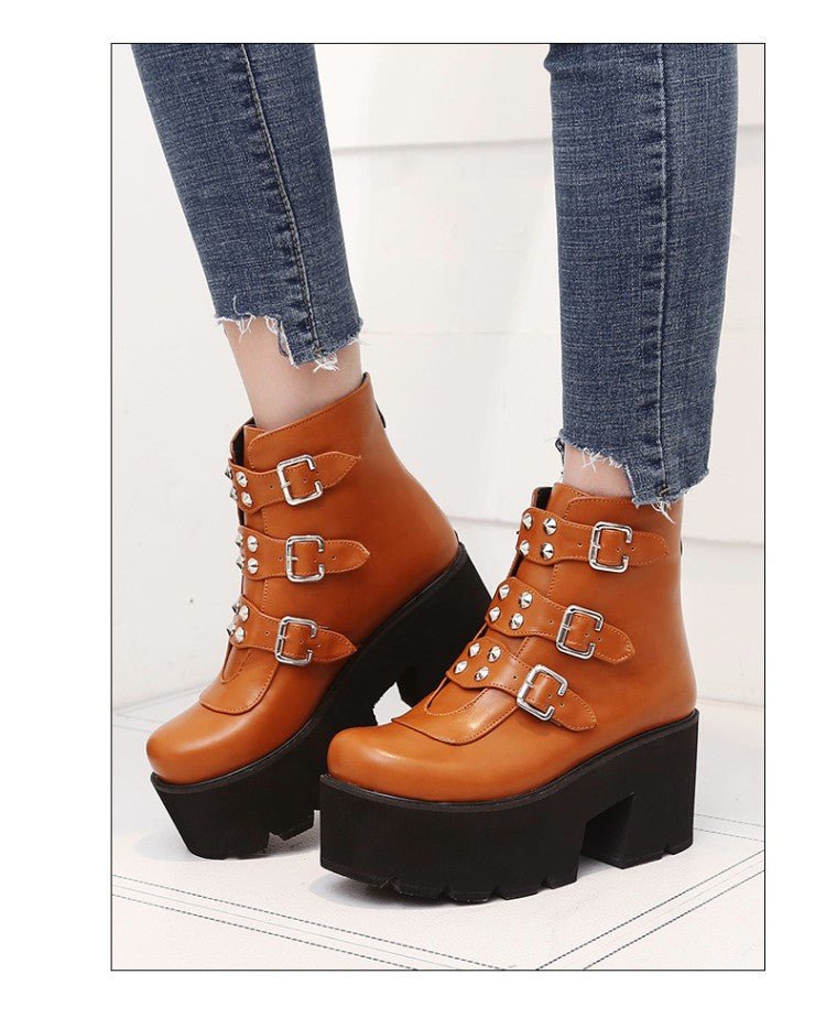 Rivet belt buckle zipper ankle boots - IVOIRART.COM