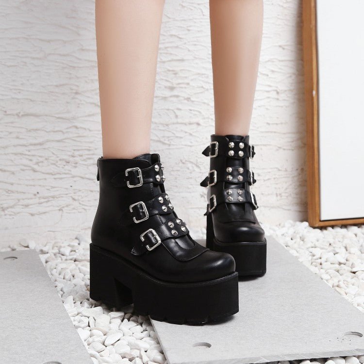 Rivet belt buckle zipper ankle boots - IVOIRART.COM