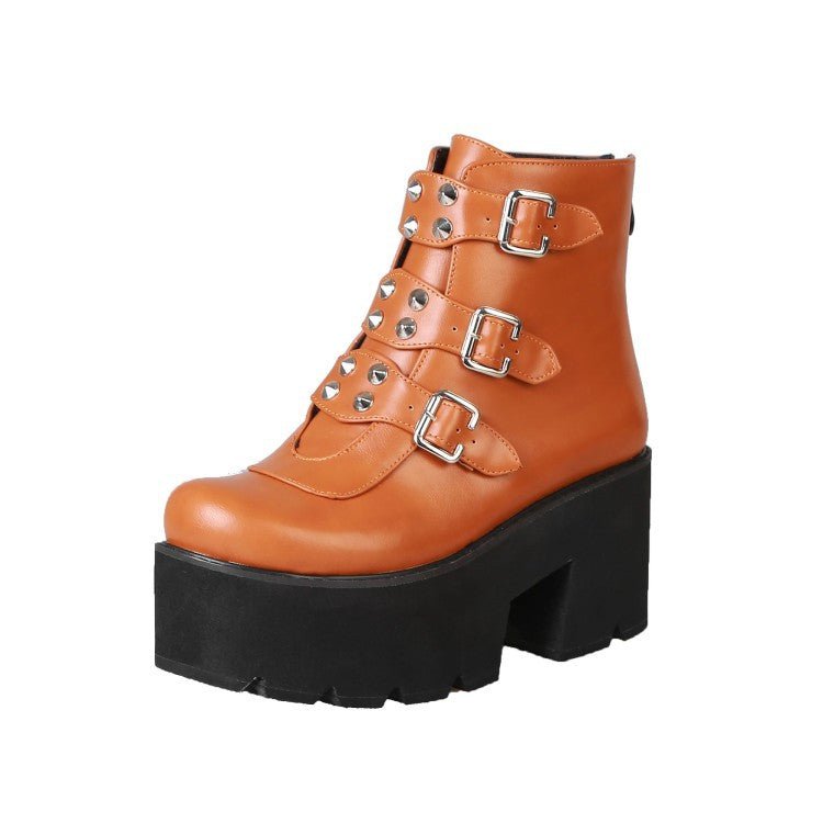Rivet belt buckle zipper ankle boots - IVOIRART.COM