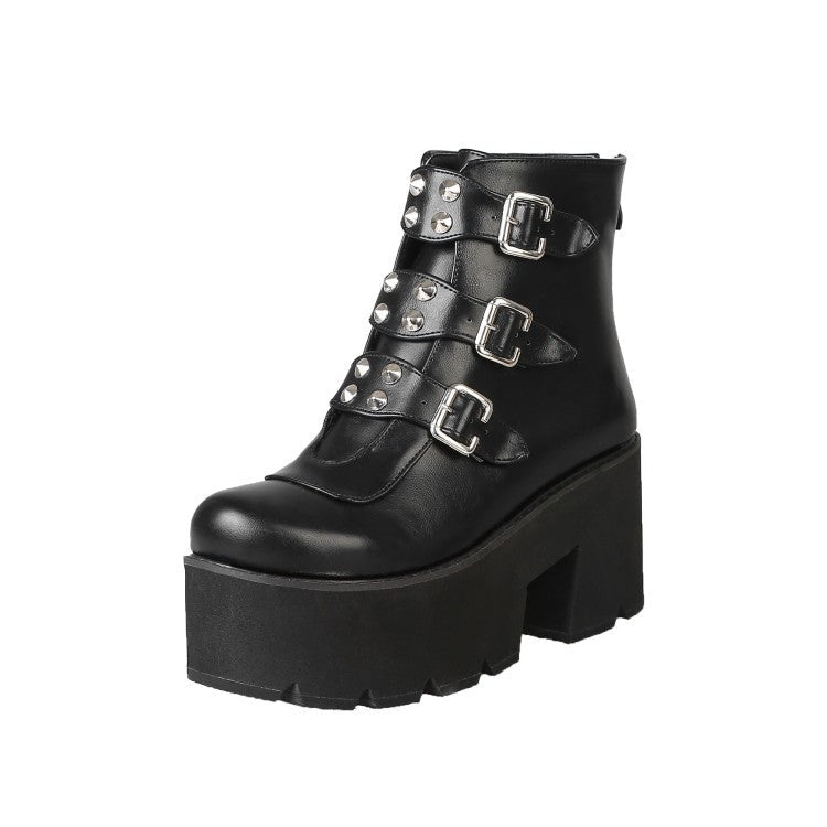 Rivet belt buckle zipper ankle boots - IVOIRART.COM