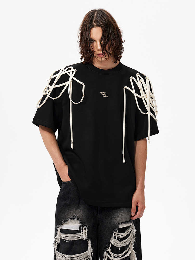 Rivet Ribbon Padded Shoulder Short-sleeved T-shirt - IVOIRART.COM