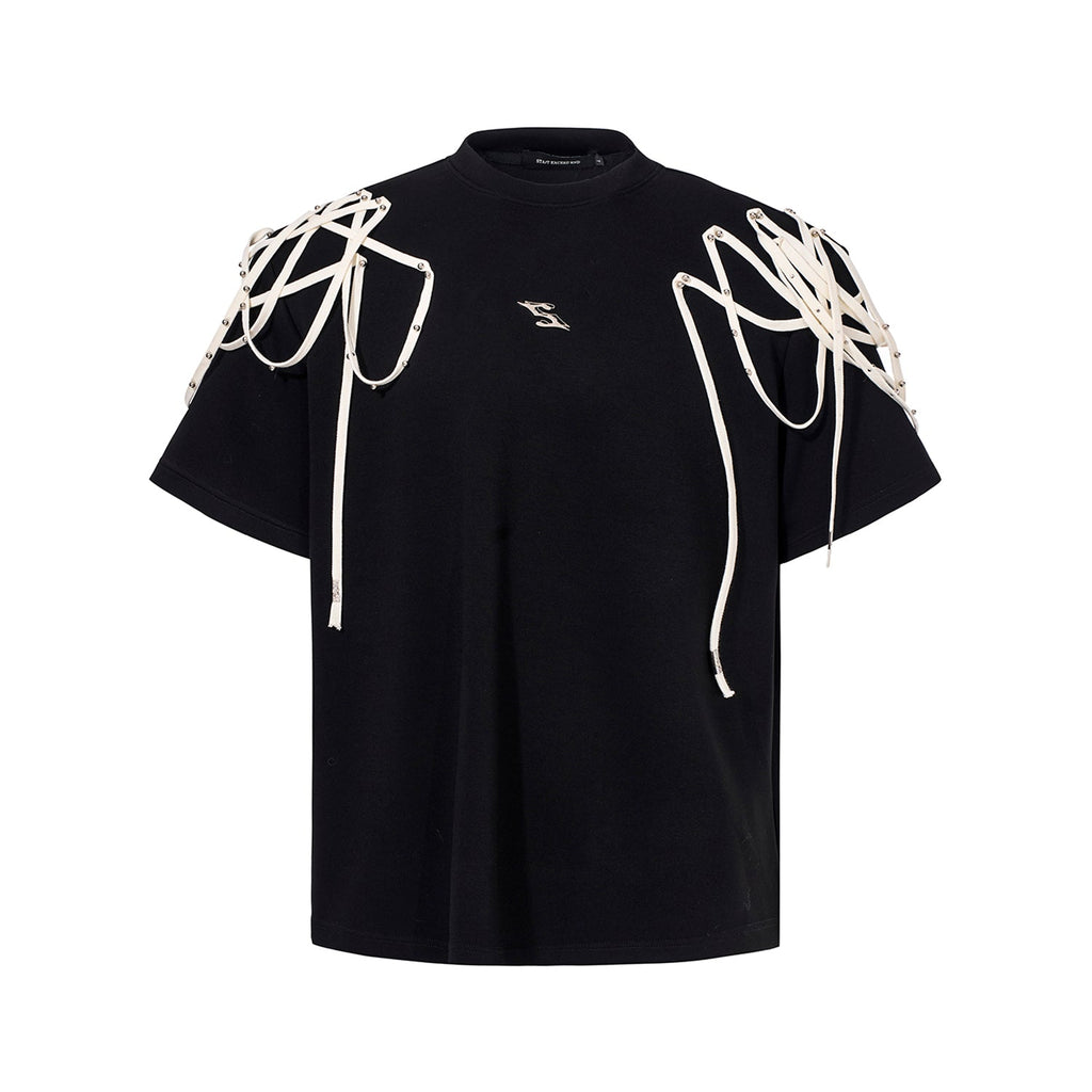 Rivet Ribbon Padded Shoulder Short-sleeved T-shirt - IVOIRART.COM