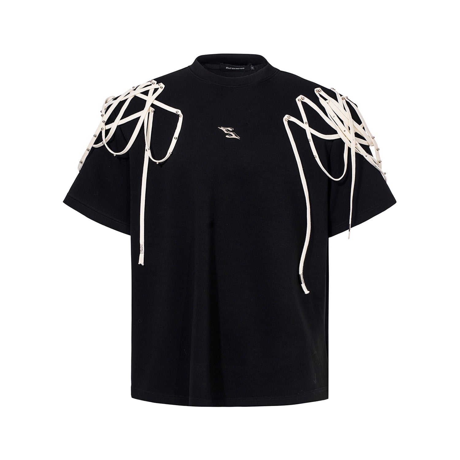 Rivet Ribbon Padded Shoulder Short-sleeved T-shirt - IVOIRART.COM