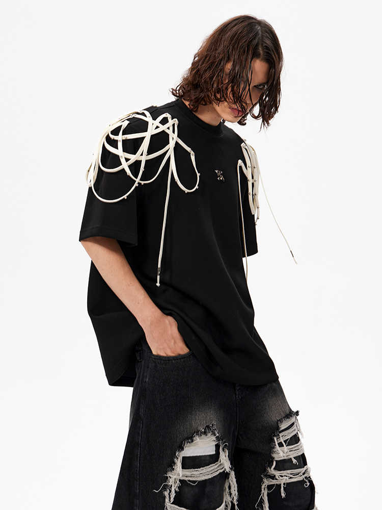 Rivet Ribbon Padded Shoulder Short-sleeved T-shirt - IVOIRART.COM