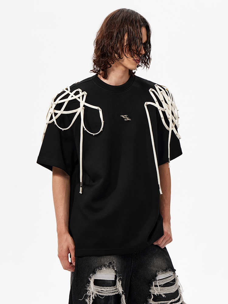 Rivet Ribbon Padded Shoulder Short-sleeved T-shirt - IVOIRART.COM