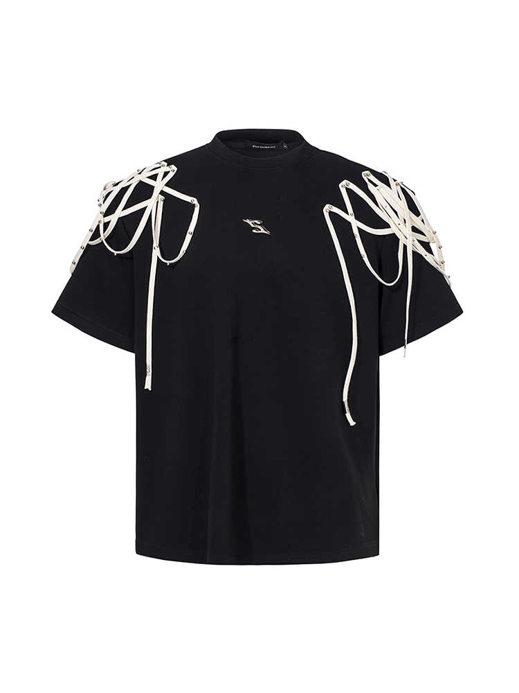Rivet Ribbon Padded Shoulder Short-sleeved T-shirt - IVOIRART.COM