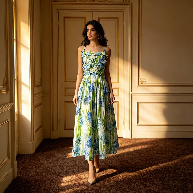 Robe à bretelles taille haute imprimé floral, coupe légère en polyester estivale - IVOIRART.COM