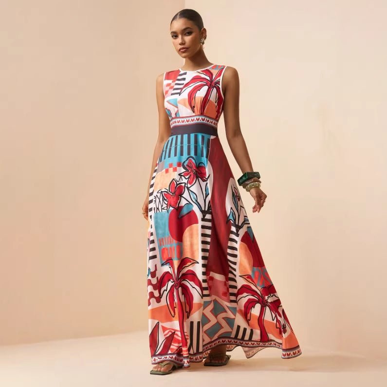 Robe à imprimé tropical de style bohème, coupe évasée, polyester, sans manches - IVOIRART.COM