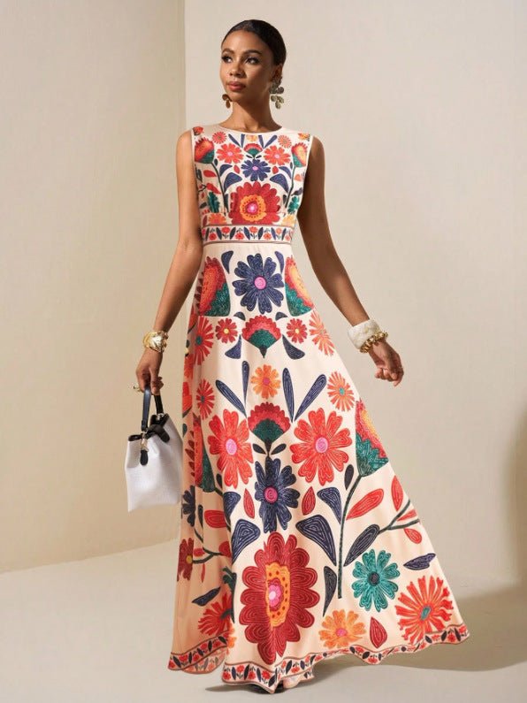 Robe à imprimé tropical de style bohème, coupe évasée, polyester, sans manches - IVOIRART.COM