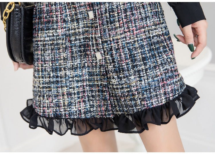 Robe A-line tweed col feuille de lotus chiffon avec surpiqûres — Noir élégante . - IVOIRART.COM